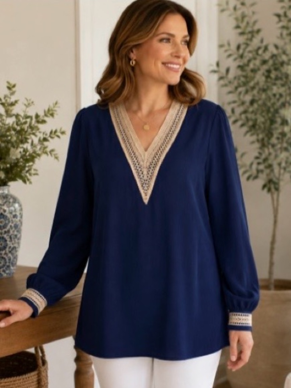 Boho Navy Tunic Top 2XL Beige Crochet Lace V Neck Long Sleeve Flowy Blouse